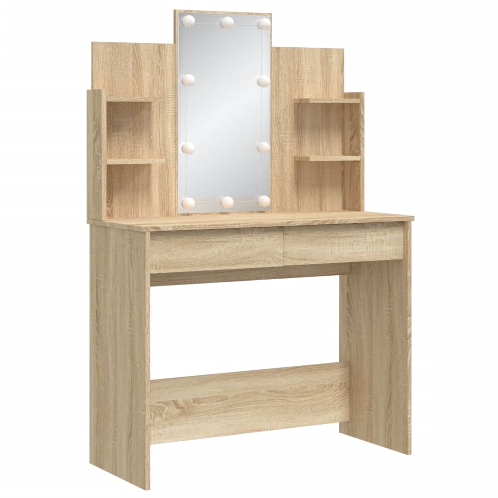 Sminkebord Med Led-Lys Sonoma Eik 96X40X142 Cm