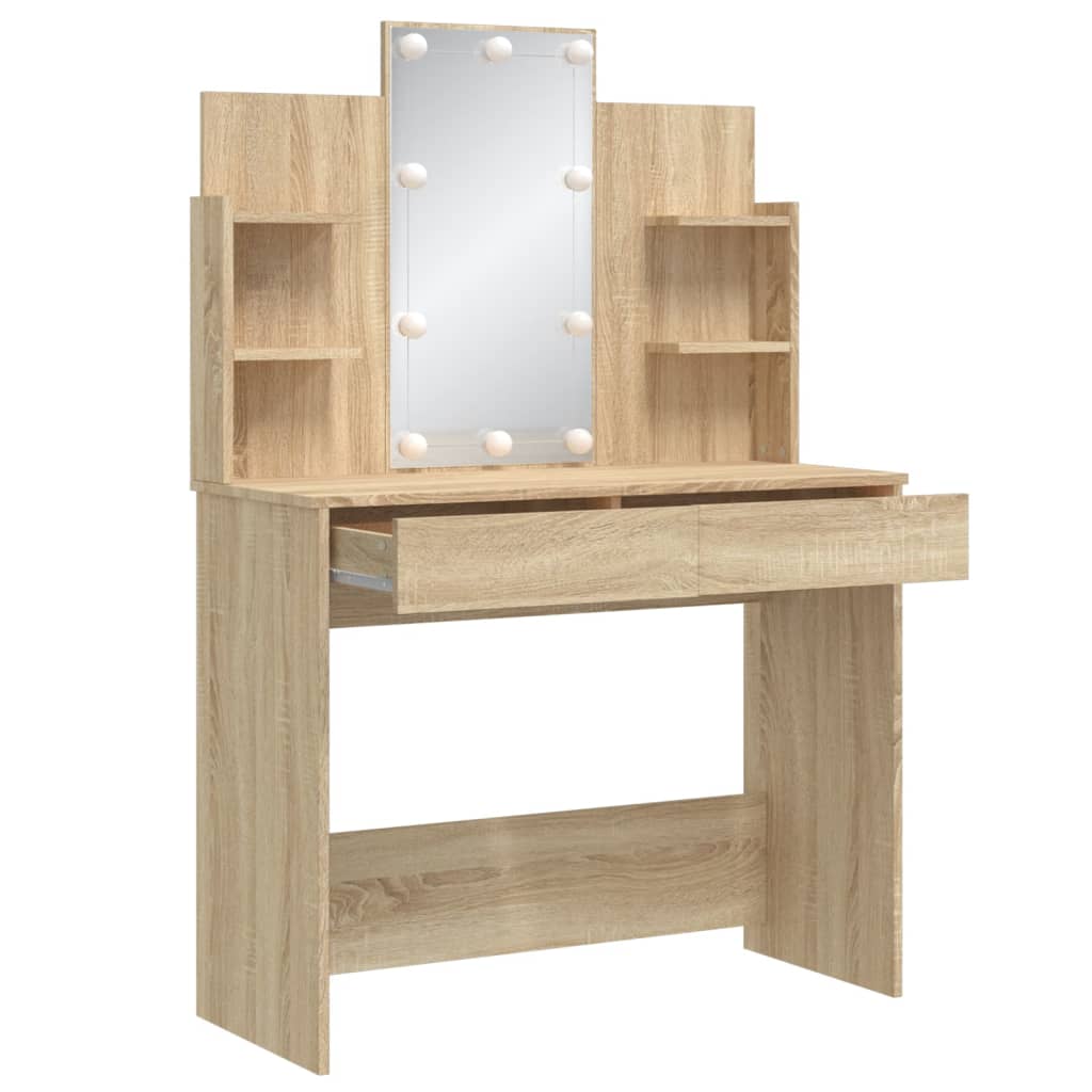 Sminkebord Med Led-Lys Sonoma Eik 96X40X142 Cm