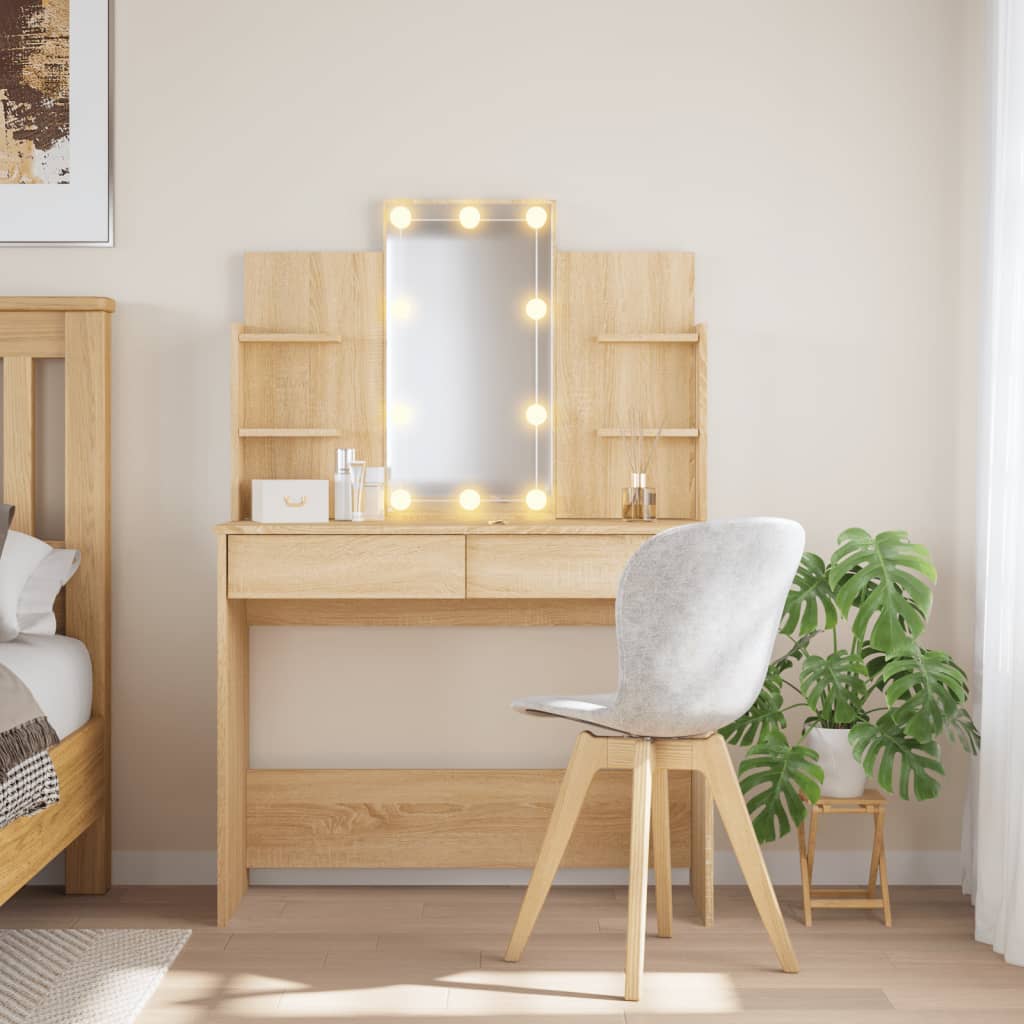 Sminkebord Med Led-Lys Sonoma Eik 96X40X142 Cm