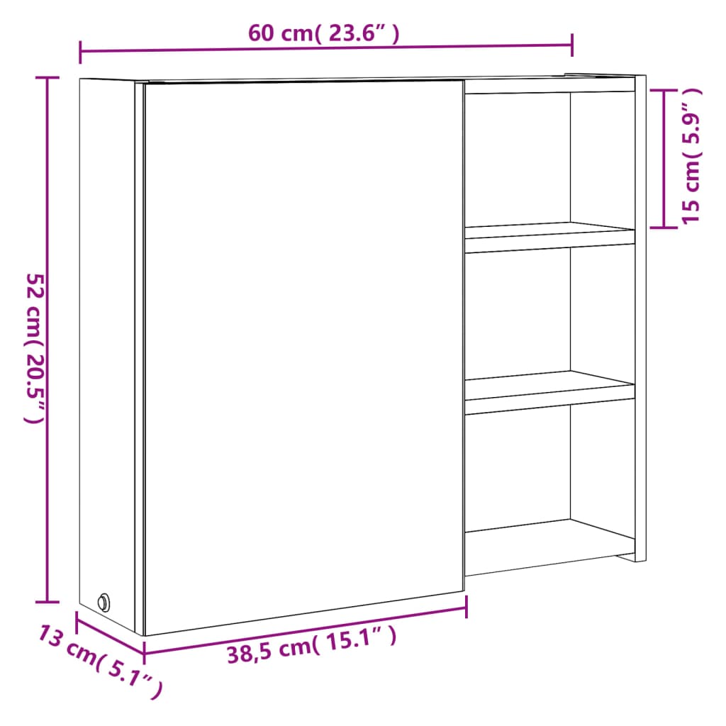 Baderomsspeilskap Med Led-Lys Eik 60X13X52 Cm