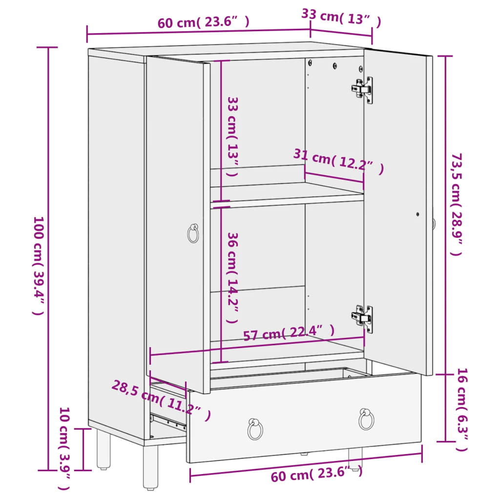 Highboard 60X33X100 Cm Heltre Mango