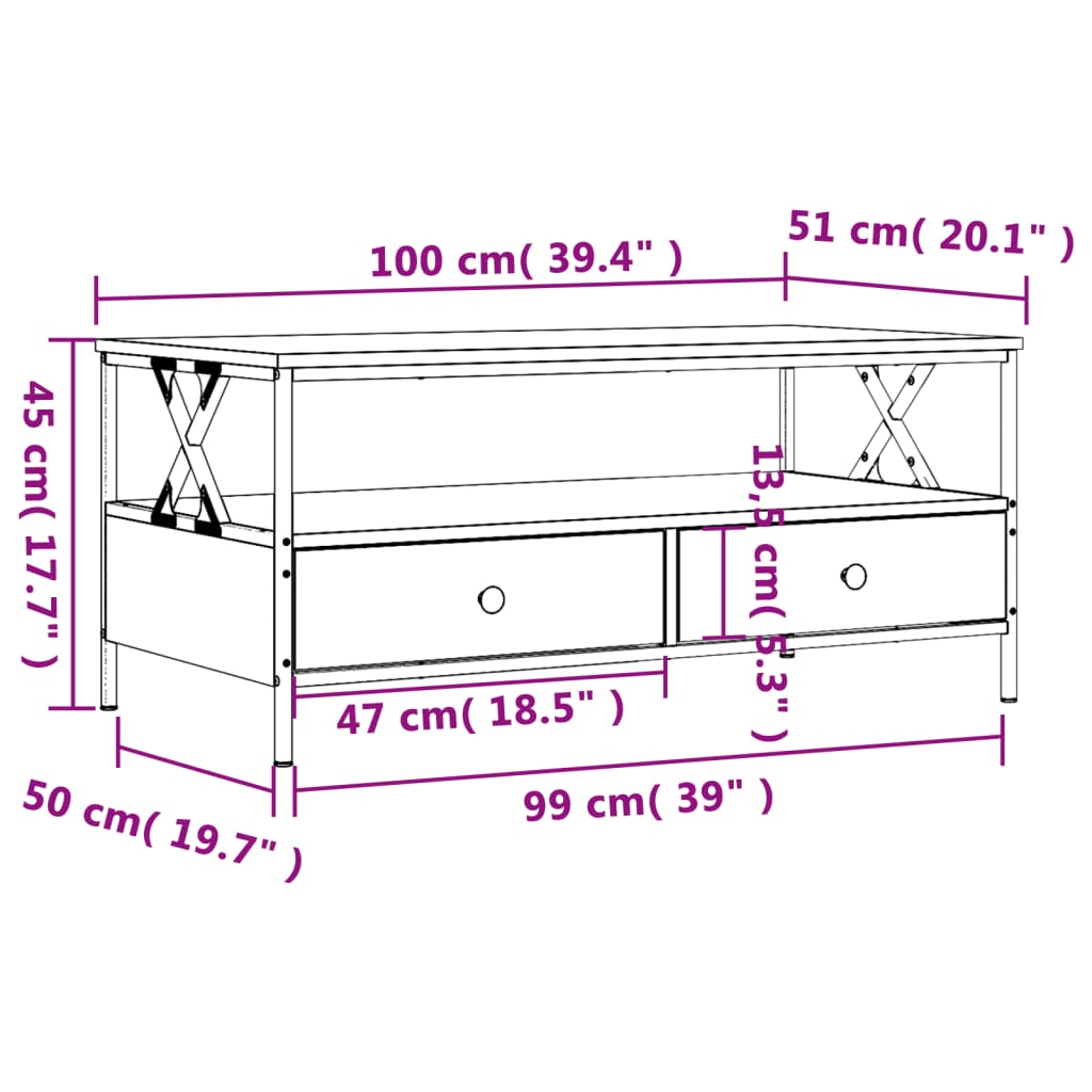 Salongbord Røkt Eik 100X51X45 Cm Konstruert Tre