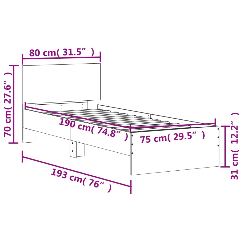 Sengeramme Med Hodegavl Hvit 75X190 Cm Konstruert Tre