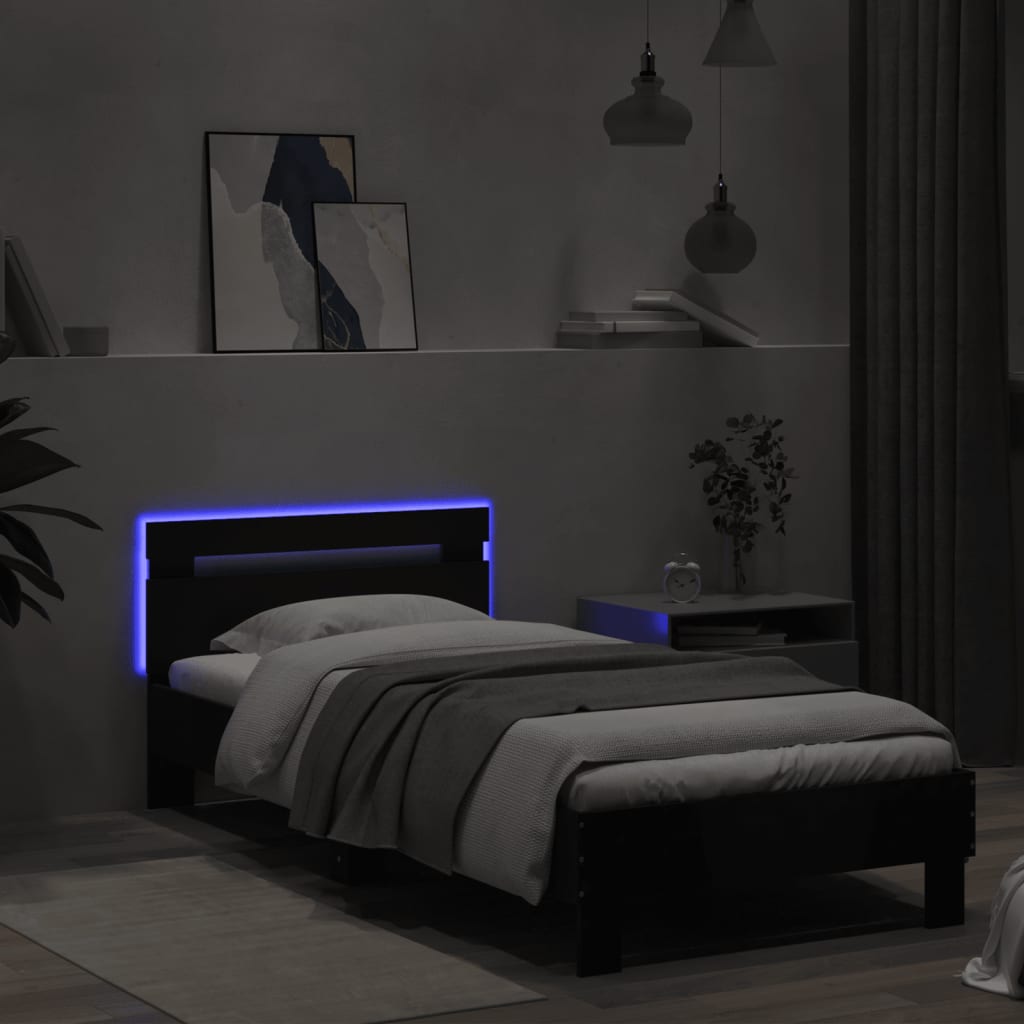 Sengeramme Med Hodegavl Og Led-Lys Svart 90X200 Cm