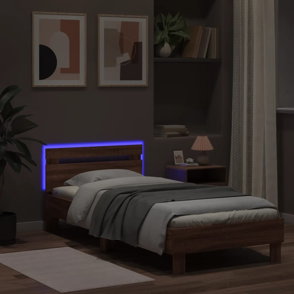 Sengeramme Med Hodegavl Og Led-Lys Brun Eik 90X200 Cm