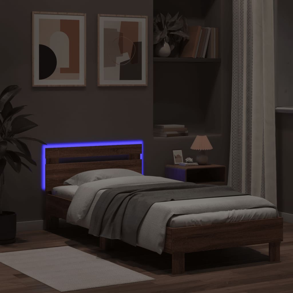 Sengeramme Med Hodegavl Og Led-Lys Brun Eik 75X190 Cm