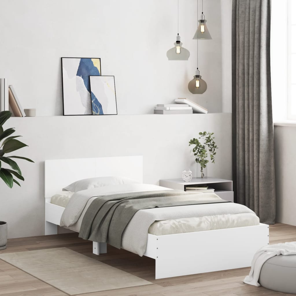 Sengeramme Med Hodegavl Og Led-Lys Hvit 100X200 Cm