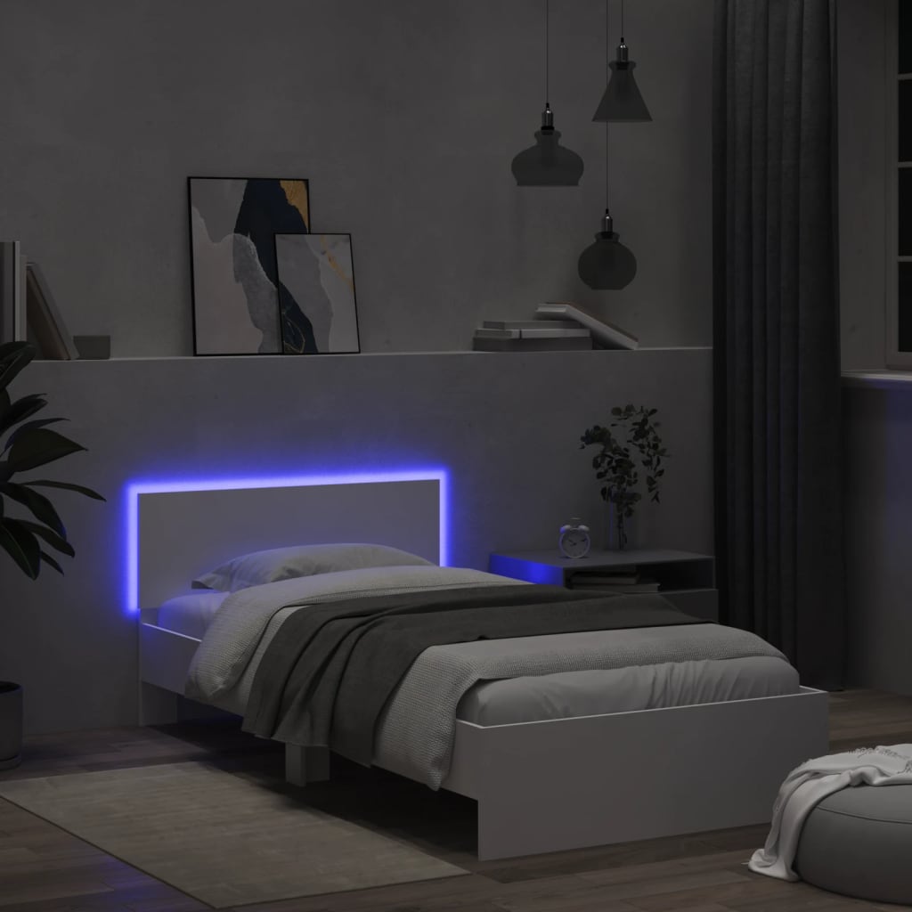 Sengeramme Med Hodegavl Og Led-Lys Hvit 100X200 Cm
