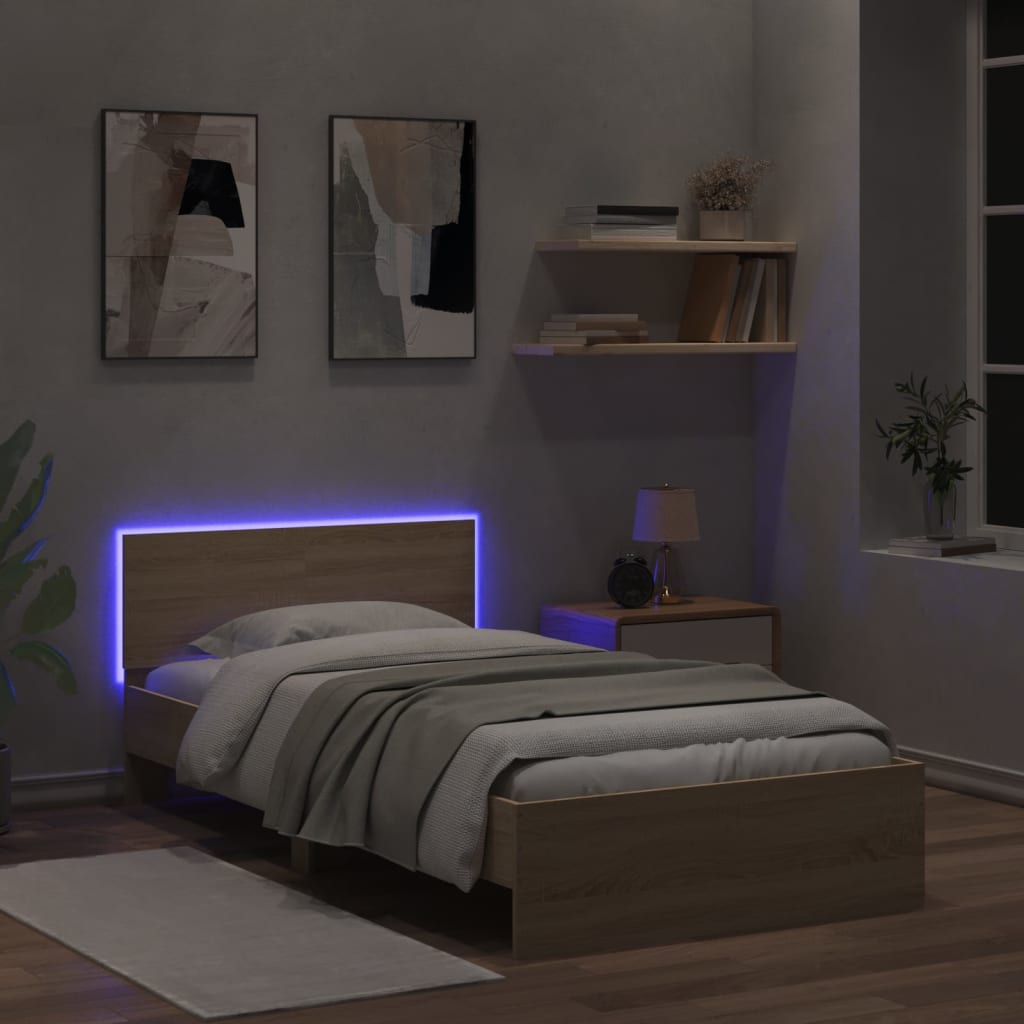 Sengeramme Med Hodegavl Og Led-Lys Sonoma Eik 100X200 Cm
