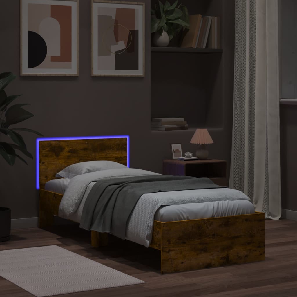 Sengeramme Med Hodegavl Og Led-Lys Røkt Eik 90X190 Cm