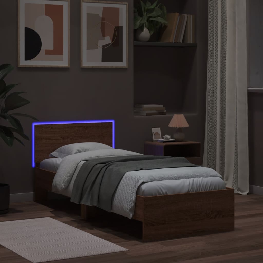Sengeramme Med Hodegavl Og Led-Lys Brun Eik 90X190 Cm