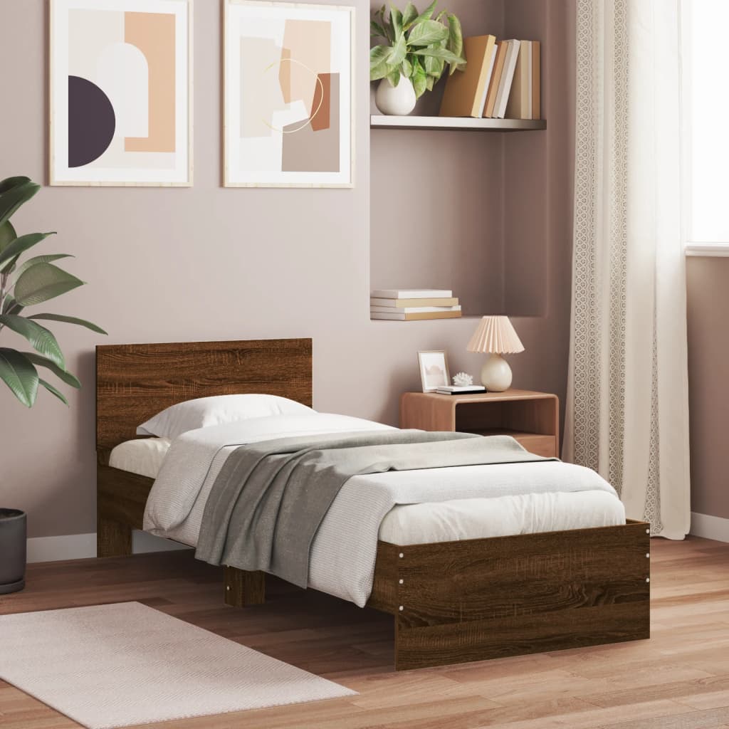 Sengeramme Med Hodegavl Og Led-Lys Brun Eik 75X190 Cm