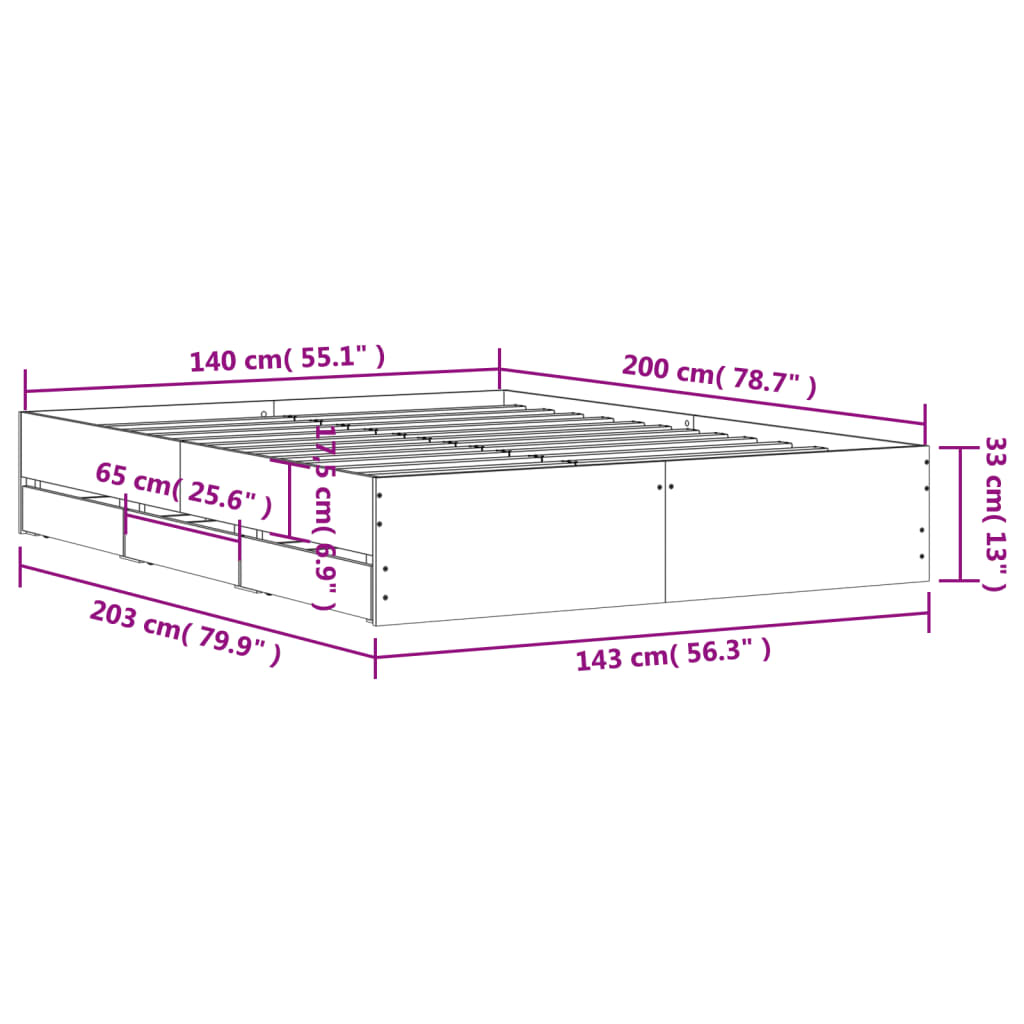 Sengeramme Med Skuffer Sonoma Eik 140X200 Cm Konstruert Tre