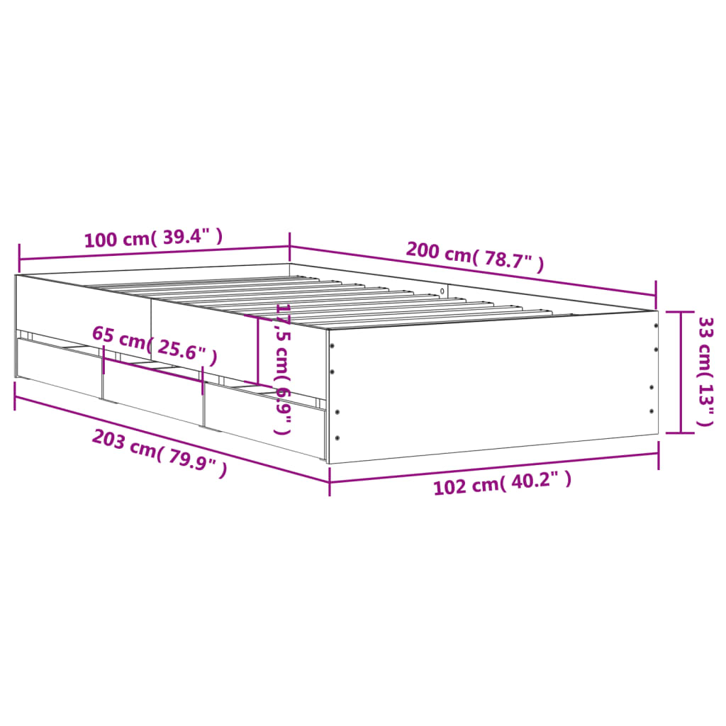 Sengeramme Med Skuffer Hvit 100X200 Cm Konstruert Tre