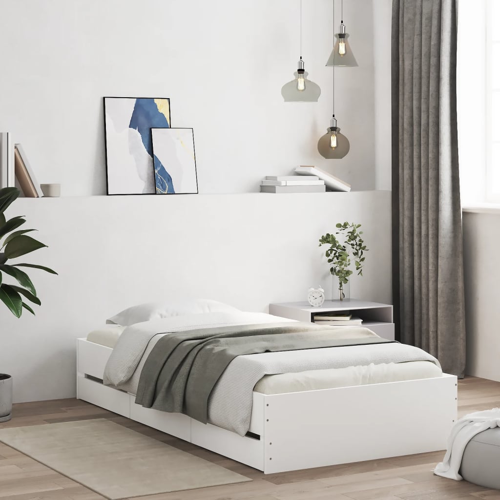 Sengeramme Med Skuffer Hvit 100X200 Cm Konstruert Tre