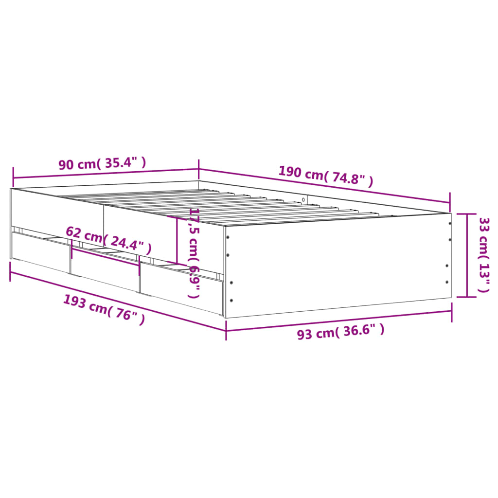 Sengeramme Med Skuffer Hvit 90X190 Cm Konstruert Tre