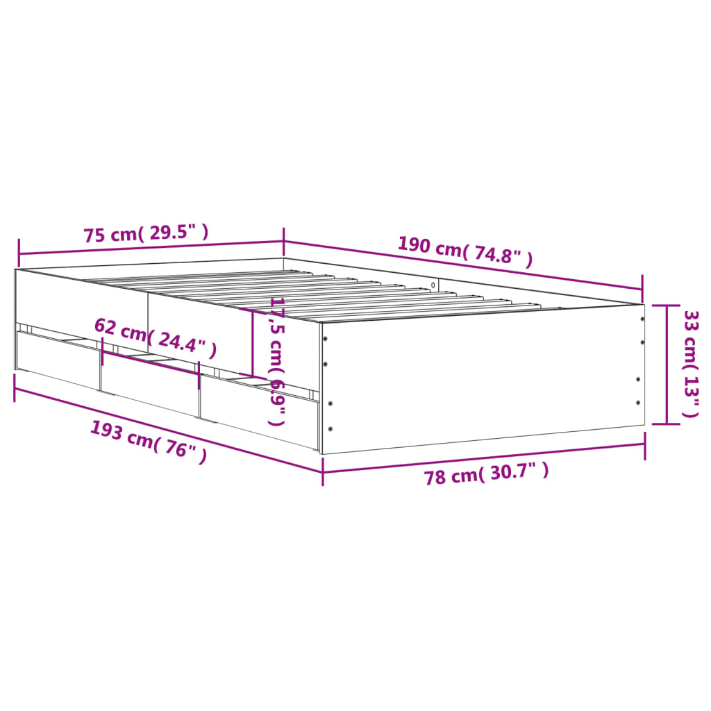 Sengeramme Med Skuffer Sonoma Eik 75X190 Cm Konstruert Tre