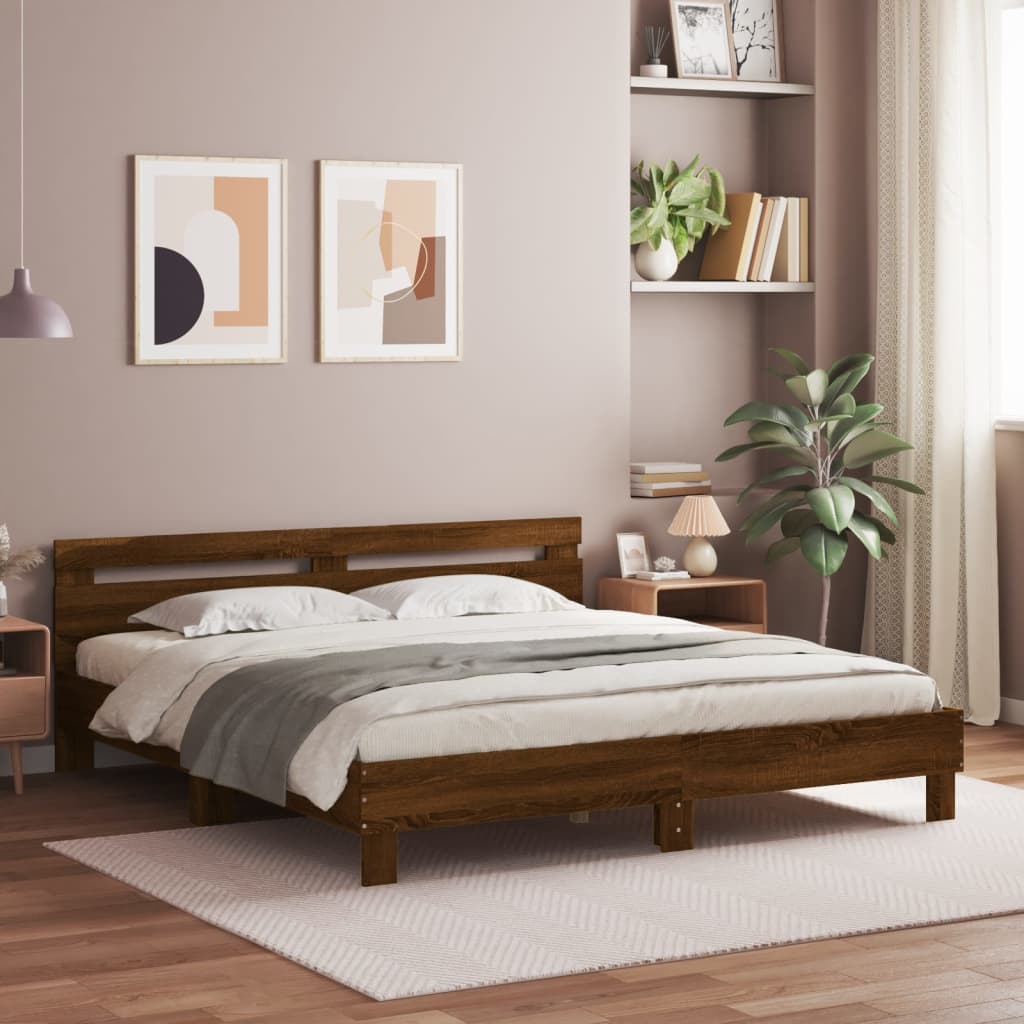 Sengeramme Med Hodegavl Og Led Brun Eik 180X200 Cm