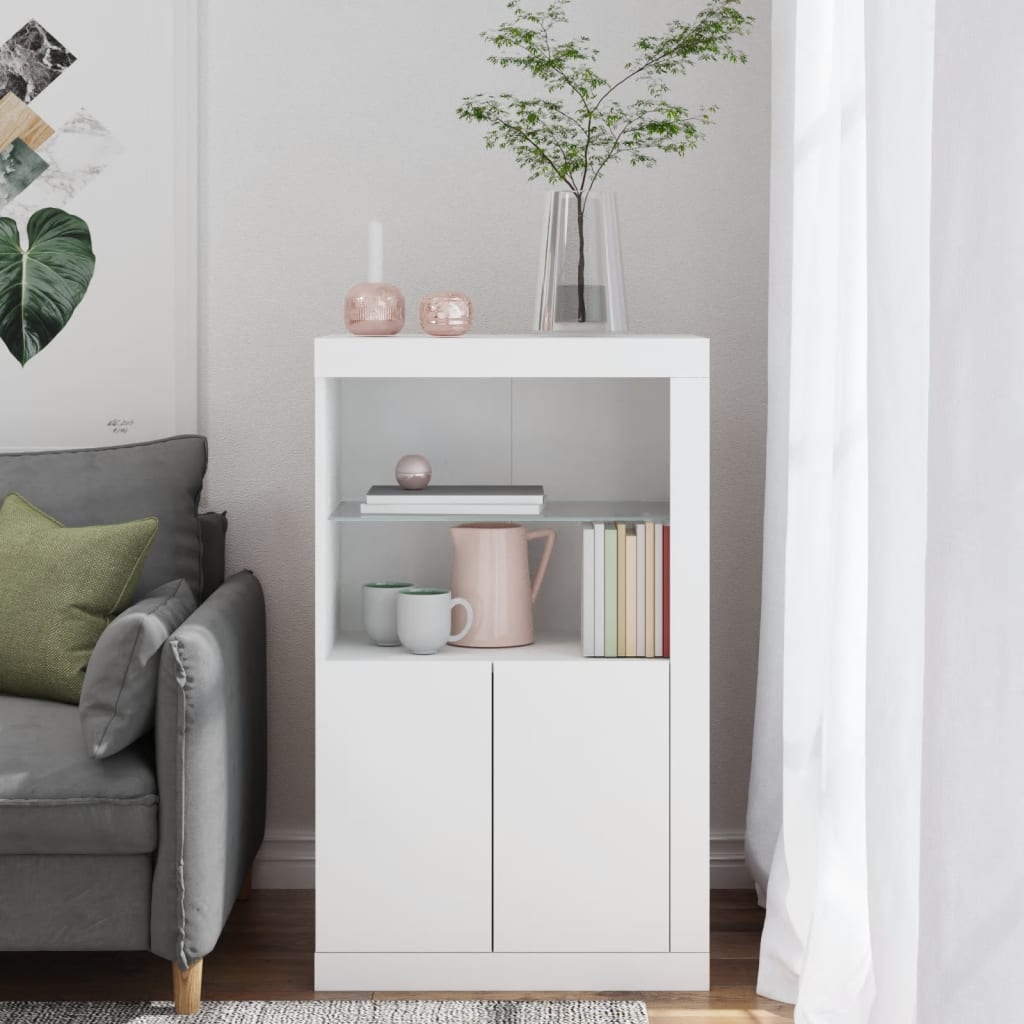 Sideskap Med Led-Lys Hvit Konstruert Tre
