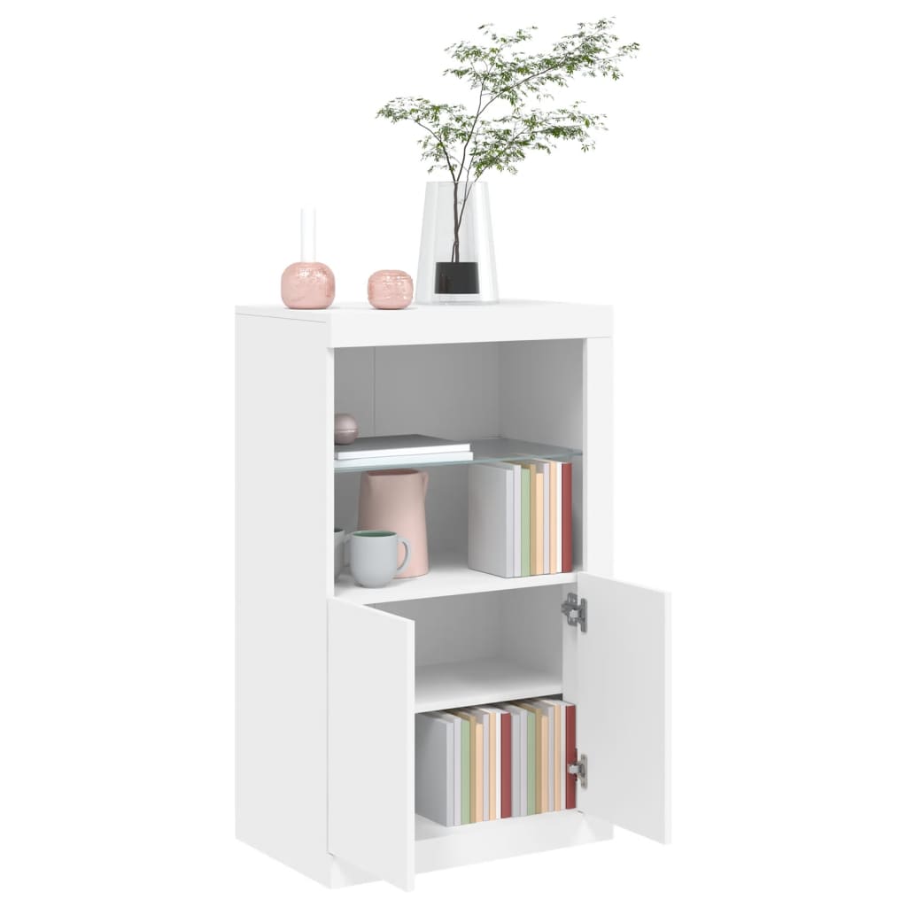 Sideskap Med Led-Lys Hvit Konstruert Tre