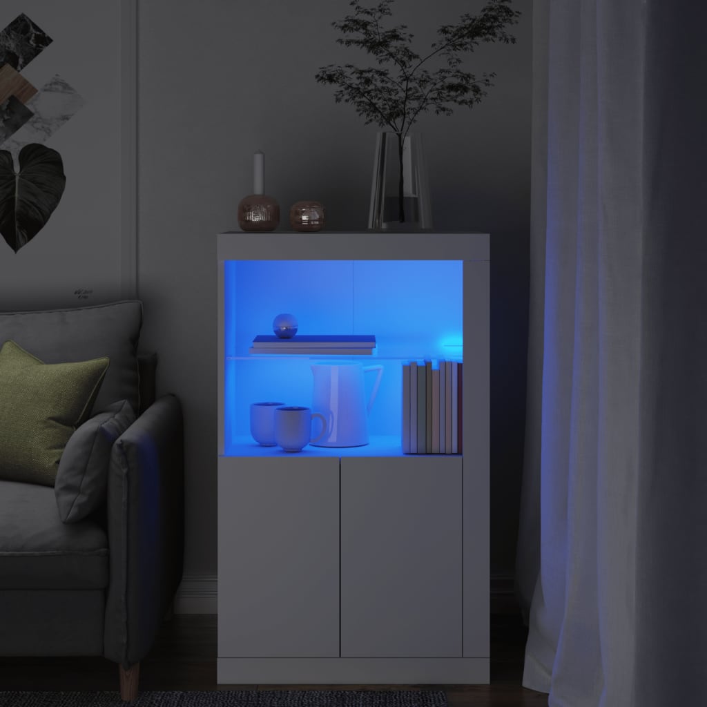 Sideskap Med Led-Lys Hvit Konstruert Tre