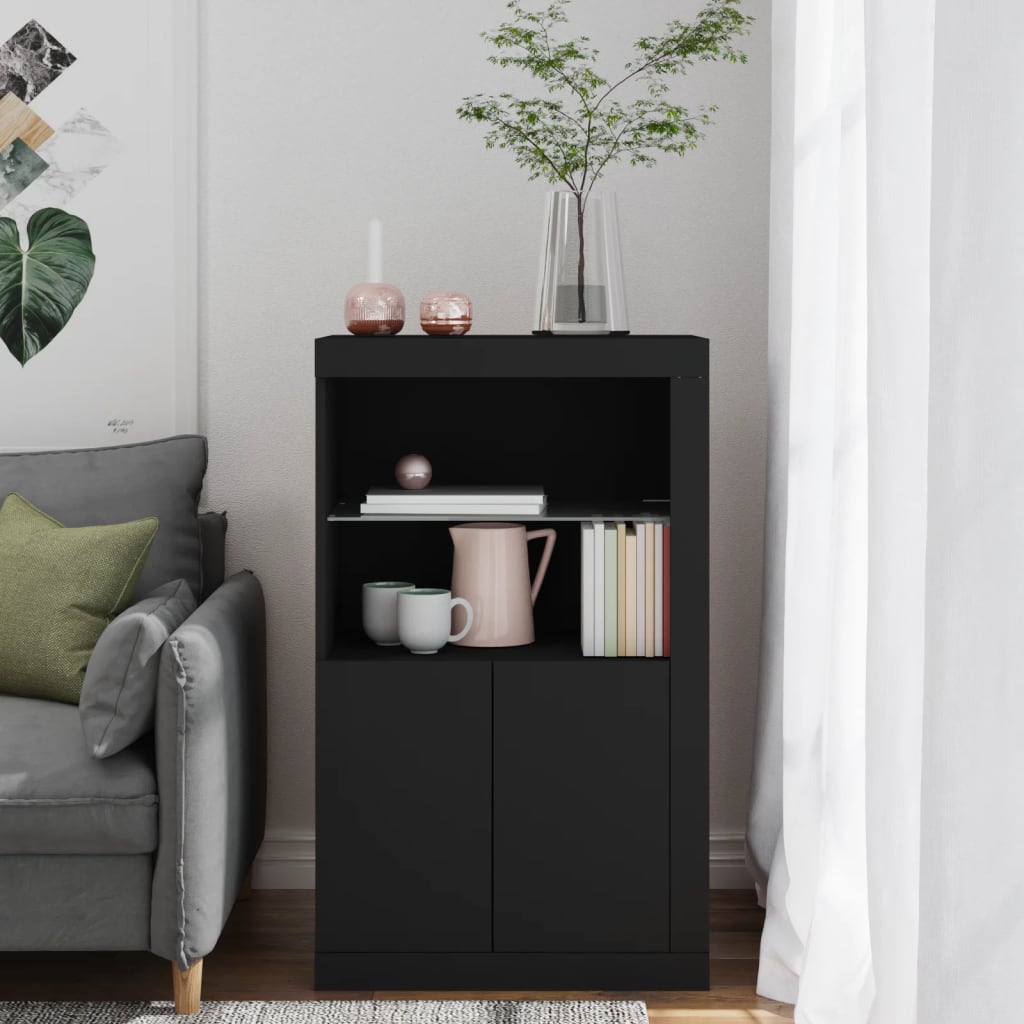 Sideskap Med Led-Lys Svart Konstruert Tre