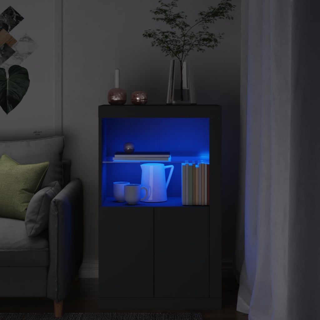 Sideskap Med Led-Lys Svart Konstruert Tre