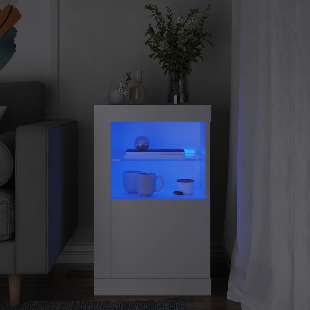 Sideskap Med Led-Lys Hvit Konstruert Tre