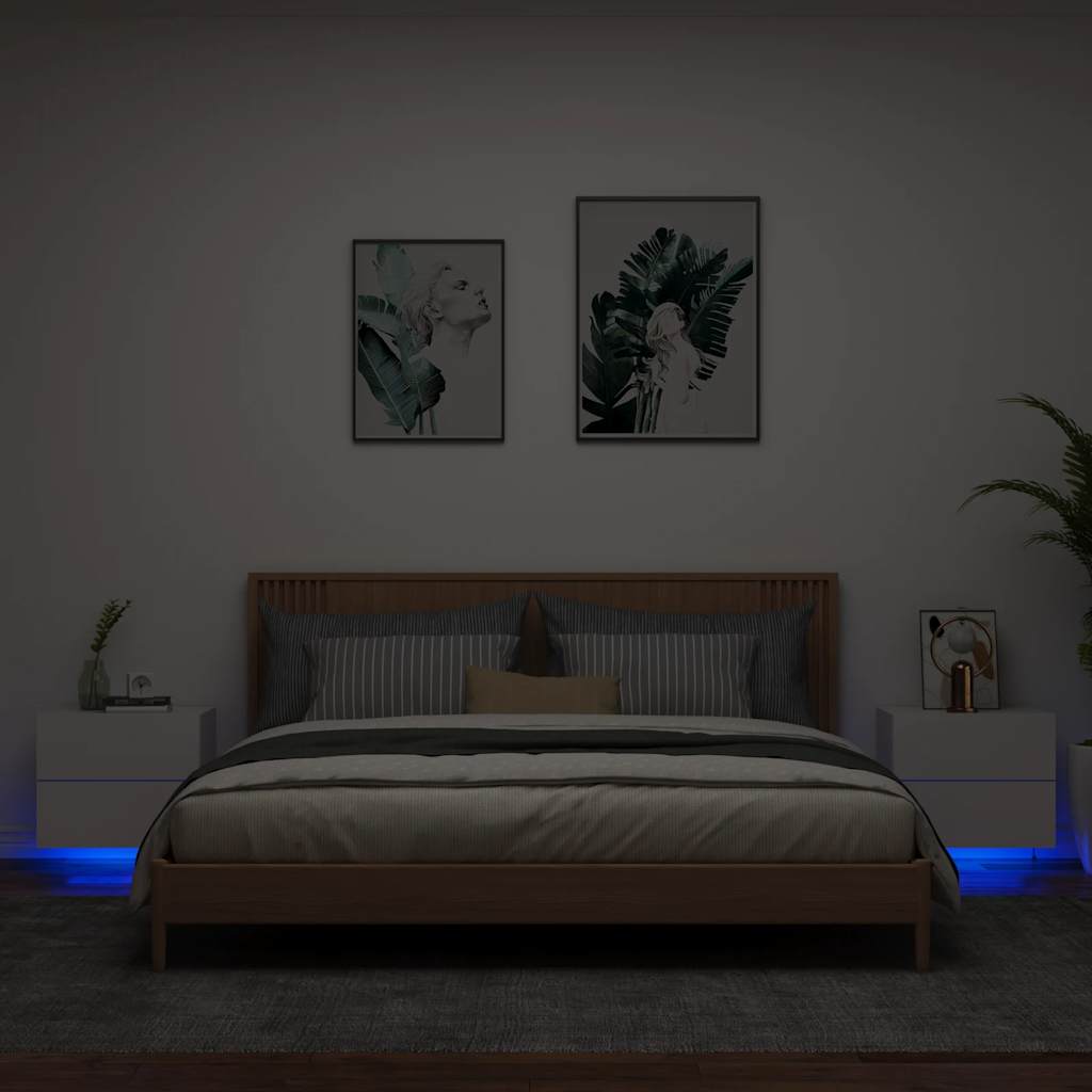 Vegghengte Nattbord Med Led-Lys 2 Stk Hvit