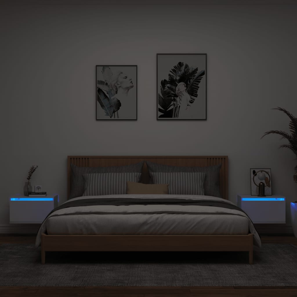 Vegghengte Nattbord Med Led-Lys 2 Stk Hvit