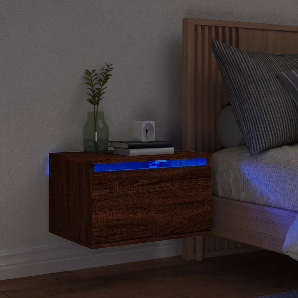 Vegghengt Nattbord Med Led-Lys 2 Stk Brun Eik