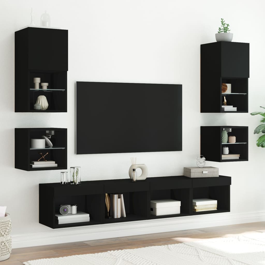 Vegghengt Tv-Benk Med Led 2 Stk Svart 30X28,5X30 Cm