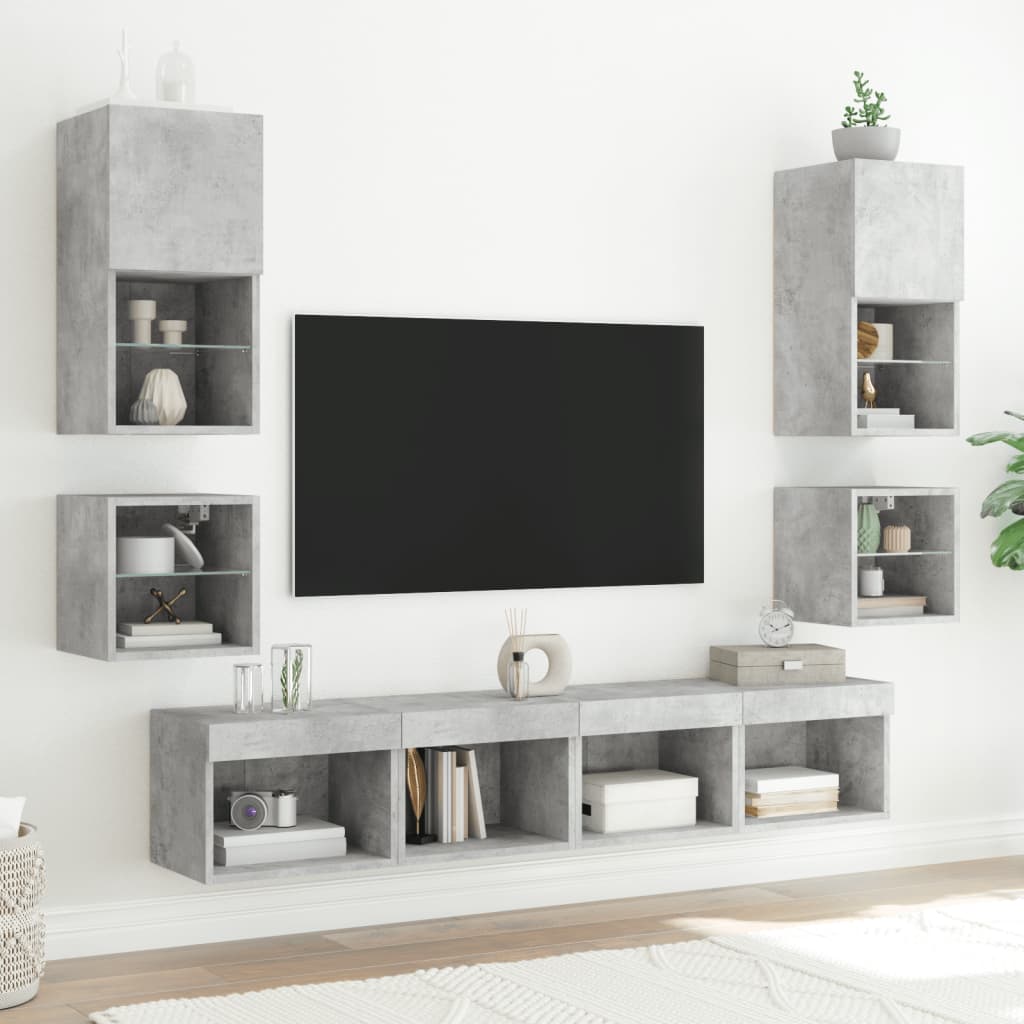 Vegghengt Tv-Benk Med Led-Lys Betonggrå 30X28,5X30 Cm