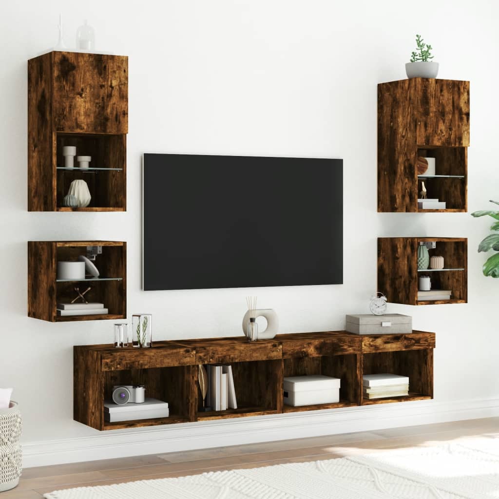 Vegghengt Tv-Benk Med Led Røkt Eik 30X28,5X30 Cm