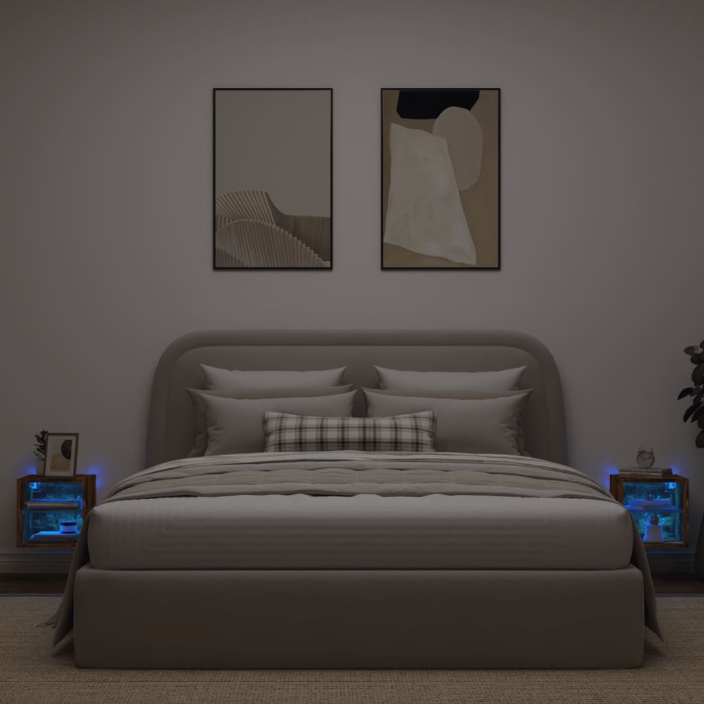 Vegghengt Tv-Benk Med Led 2 Stk Røkt Eik 30X28,5X30 Cm