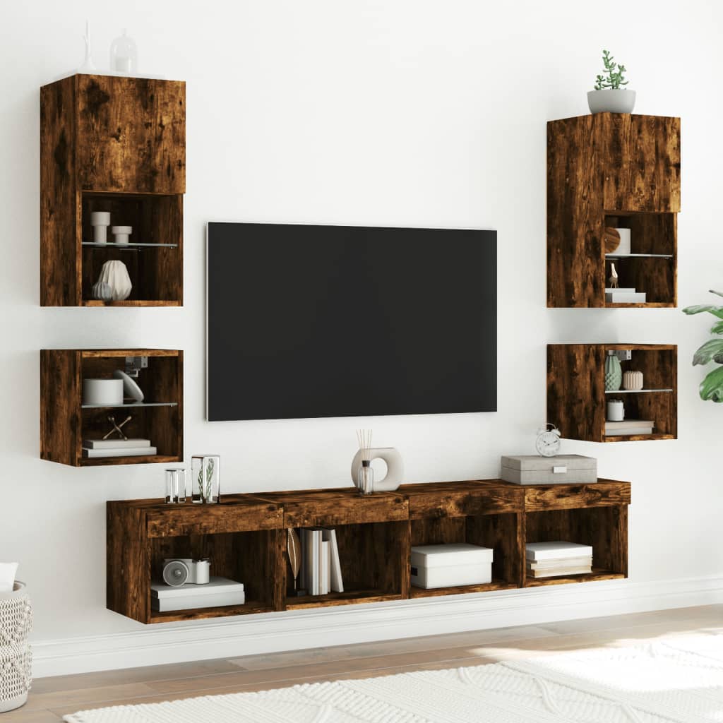 Vegghengt Tv-Benk Med Led 2 Stk Røkt Eik 30X28,5X30 Cm