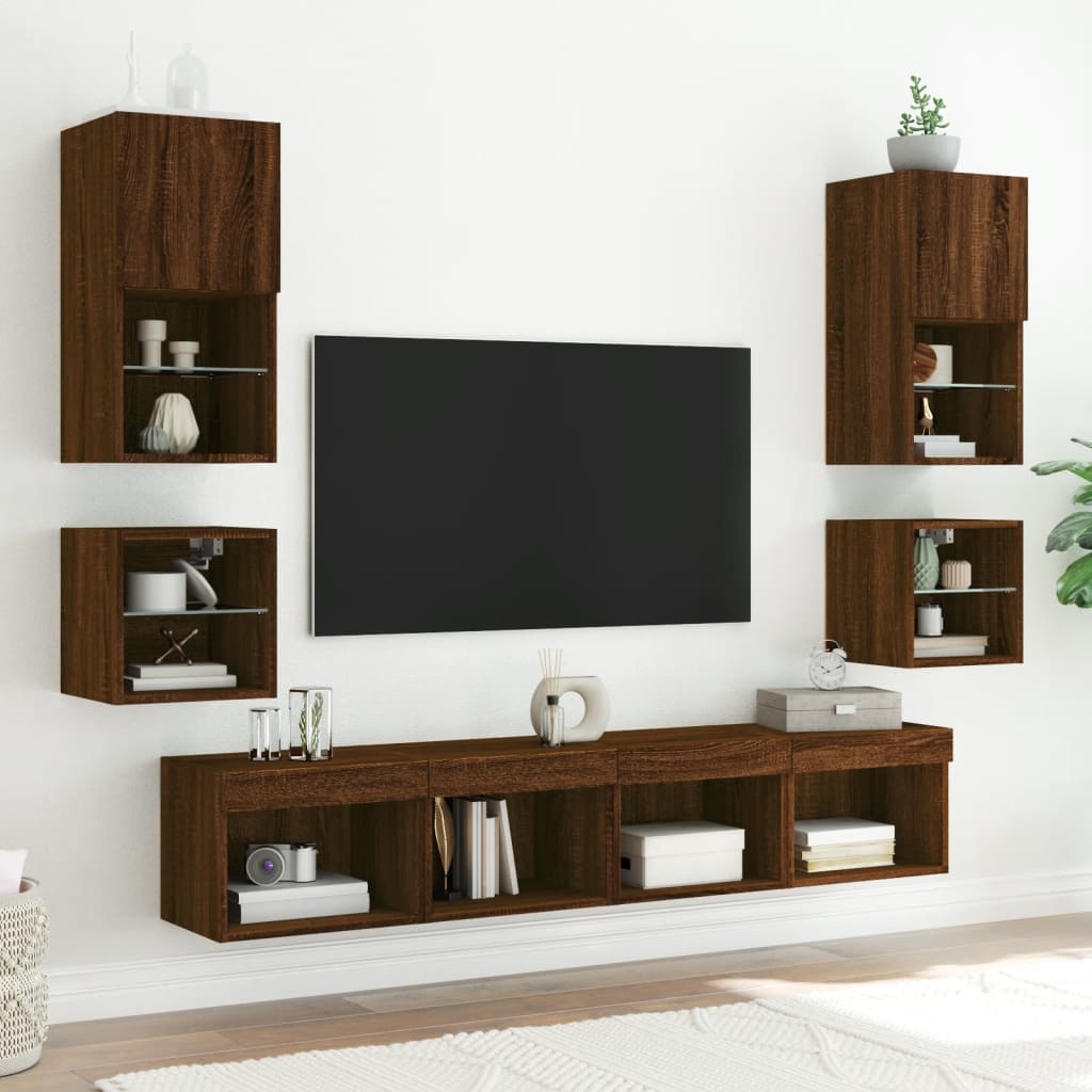 Vegghengt Tv-Benk Med Led 2 Stk Brun Eik 30X28,5X30 Cm