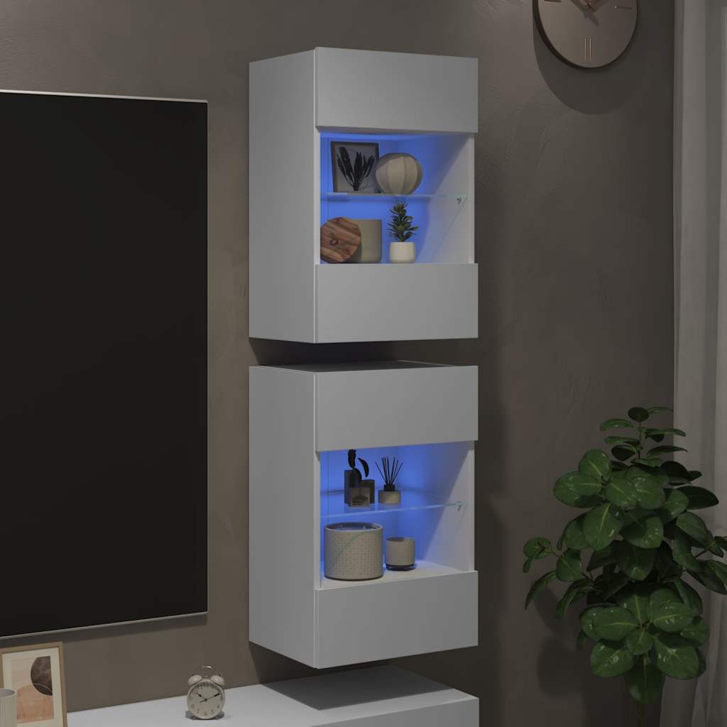 Vegghengte Skap Med Led-Lys For Tv 2 Stk Hvit 40X30X60,5 Cm