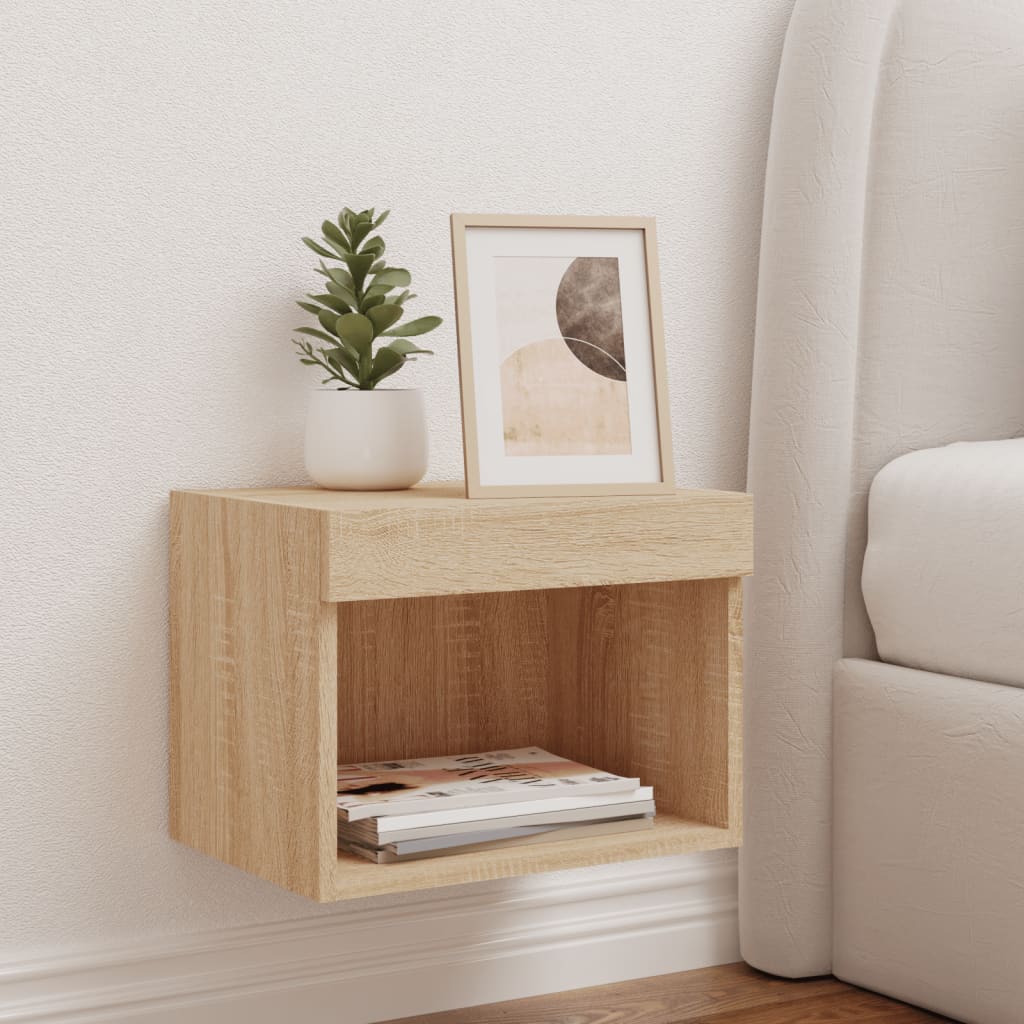 Veggmontert Nattbord Med Led-Lys Sonoma Eik