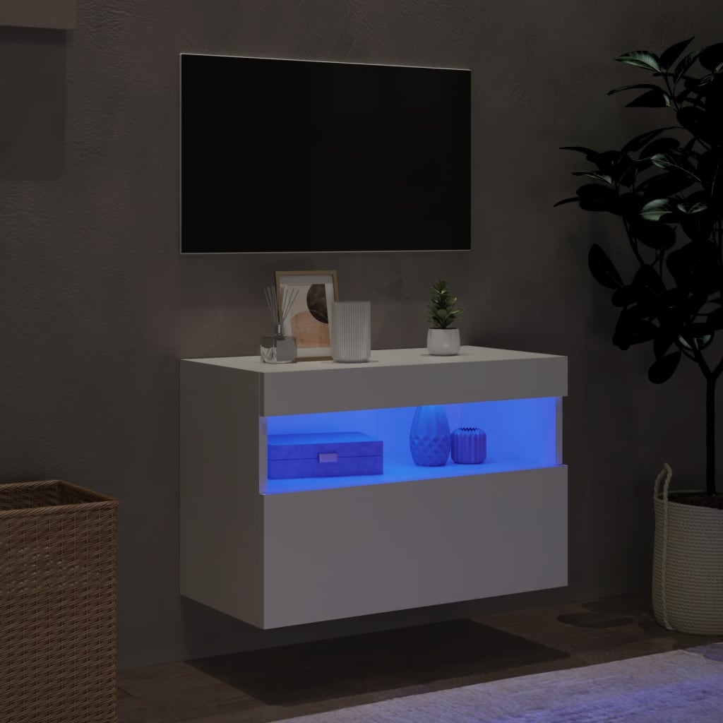 Vegghengt Tv-Benk Med Led Hvit 60X30X40 Cm