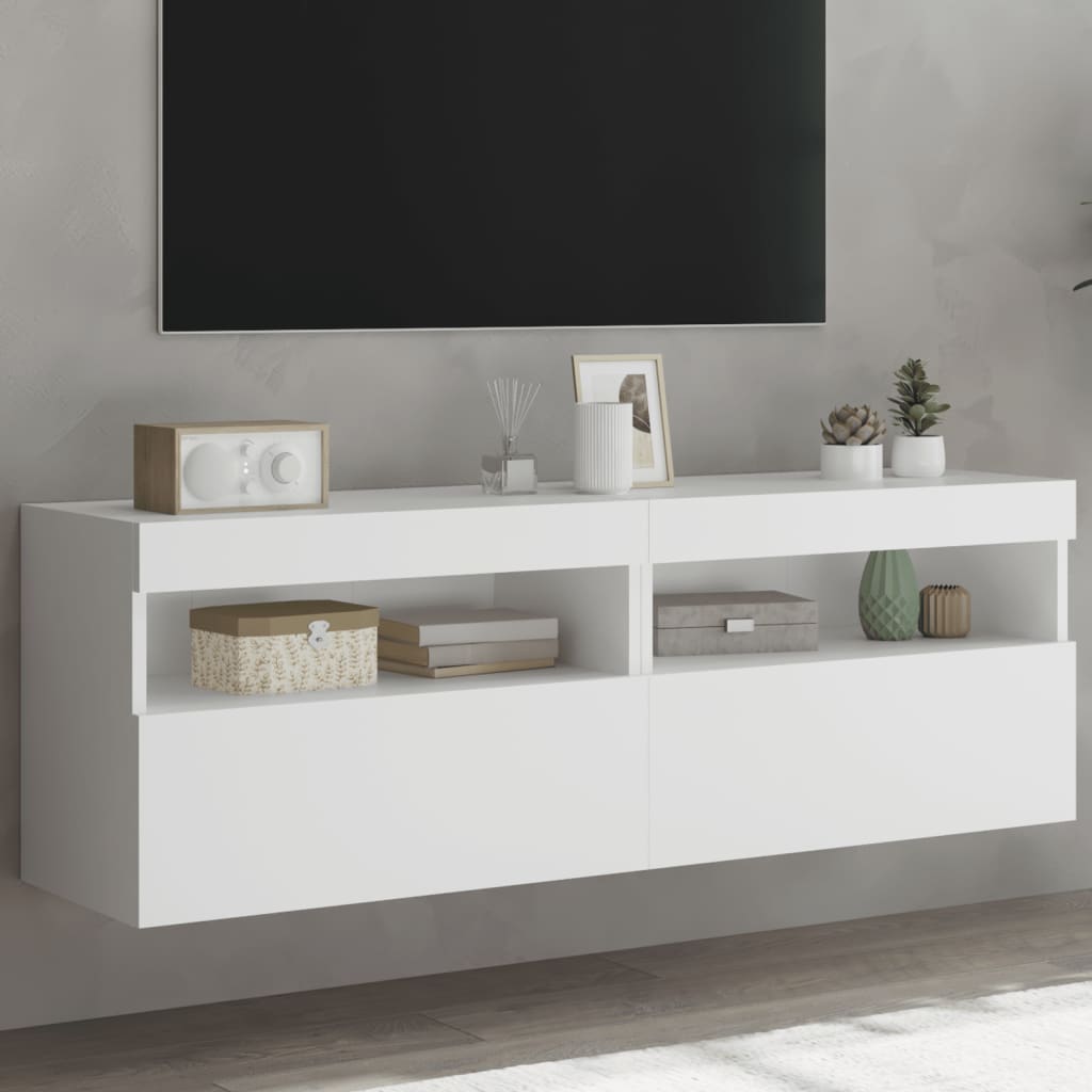 Vegghengte Tv-Benker Med Led 2 Stk Hvit 60X30X40 Cm
