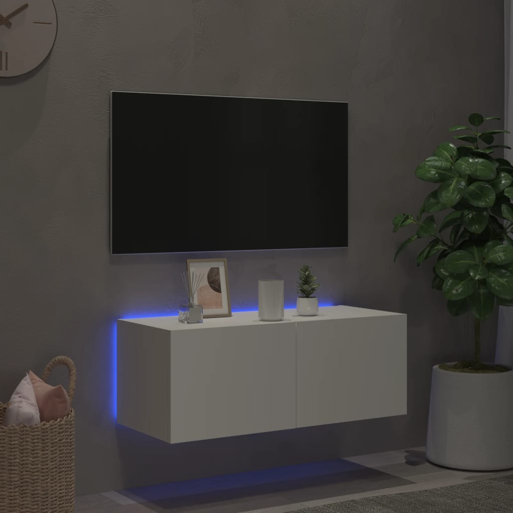 Vegghengt Tv-Benk Med Led Hvit 80X35X31 Cm