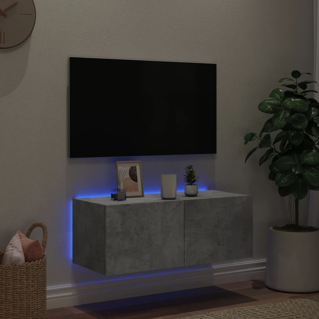 Vegghengt Tv-Benk Med Led-Lys Betonggrå 80X35X31 Cm