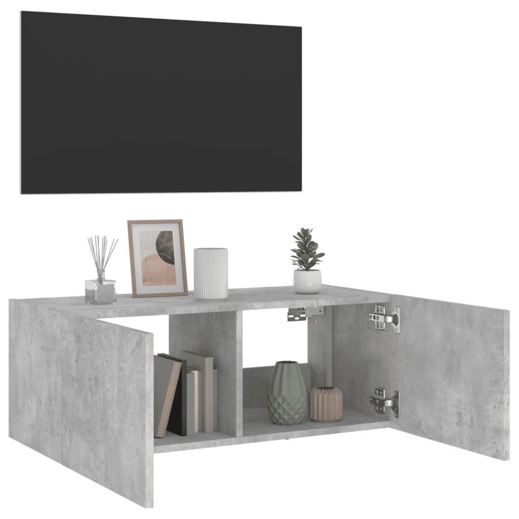 Vegghengt Tv-Benk Med Led-Lys Betonggrå 80X35X31 Cm
