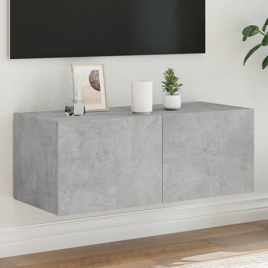 Vegghengt Tv-Benk Med Led-Lys Betonggrå 80X35X31 Cm