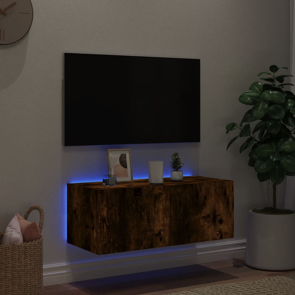 Vegghengt Tv-Benk Med Led Røkt Eik 80X35X31 Cm