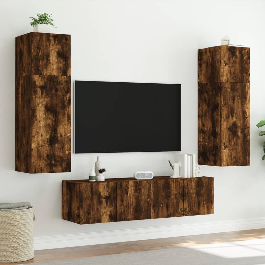 Vegghengt Tv-Benk Med Led Røkt Eik 80X35X31 Cm