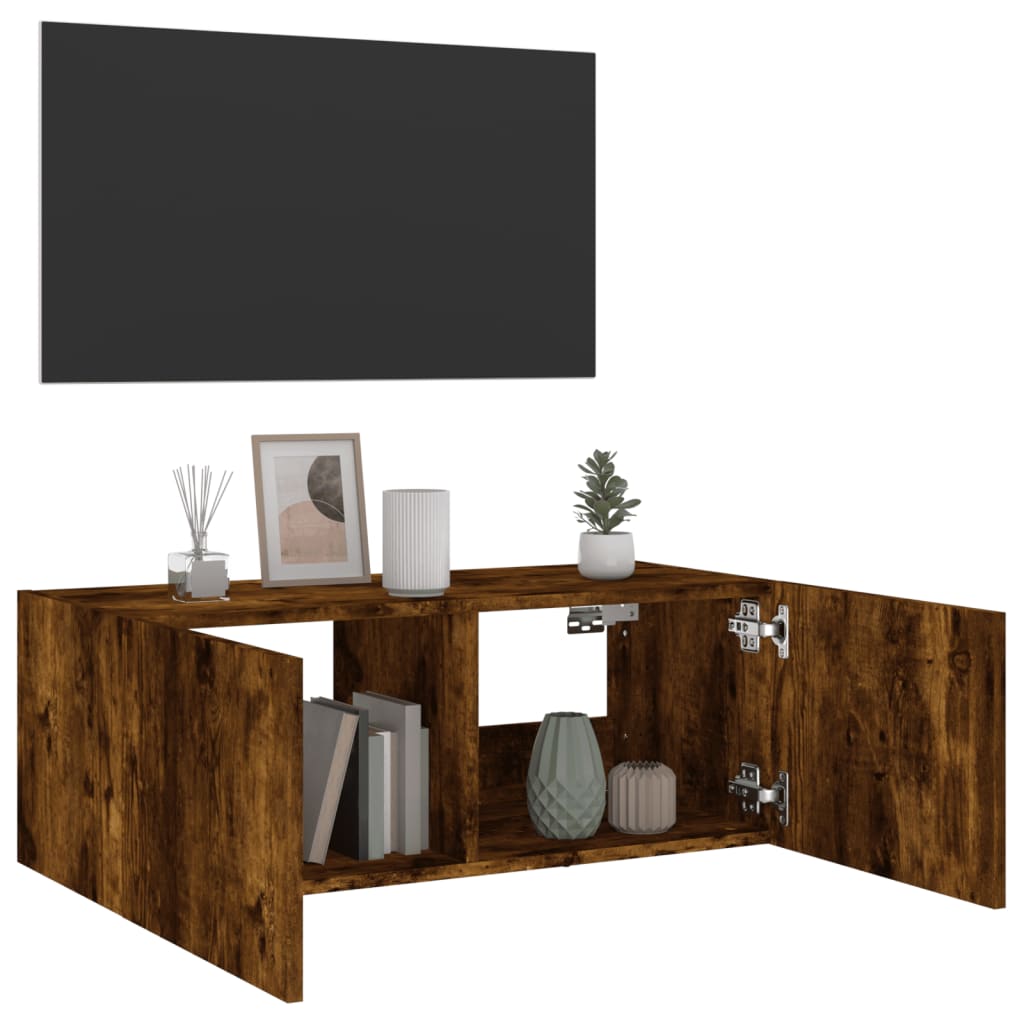 Vegghengt Tv-Benk Med Led Røkt Eik 80X35X31 Cm