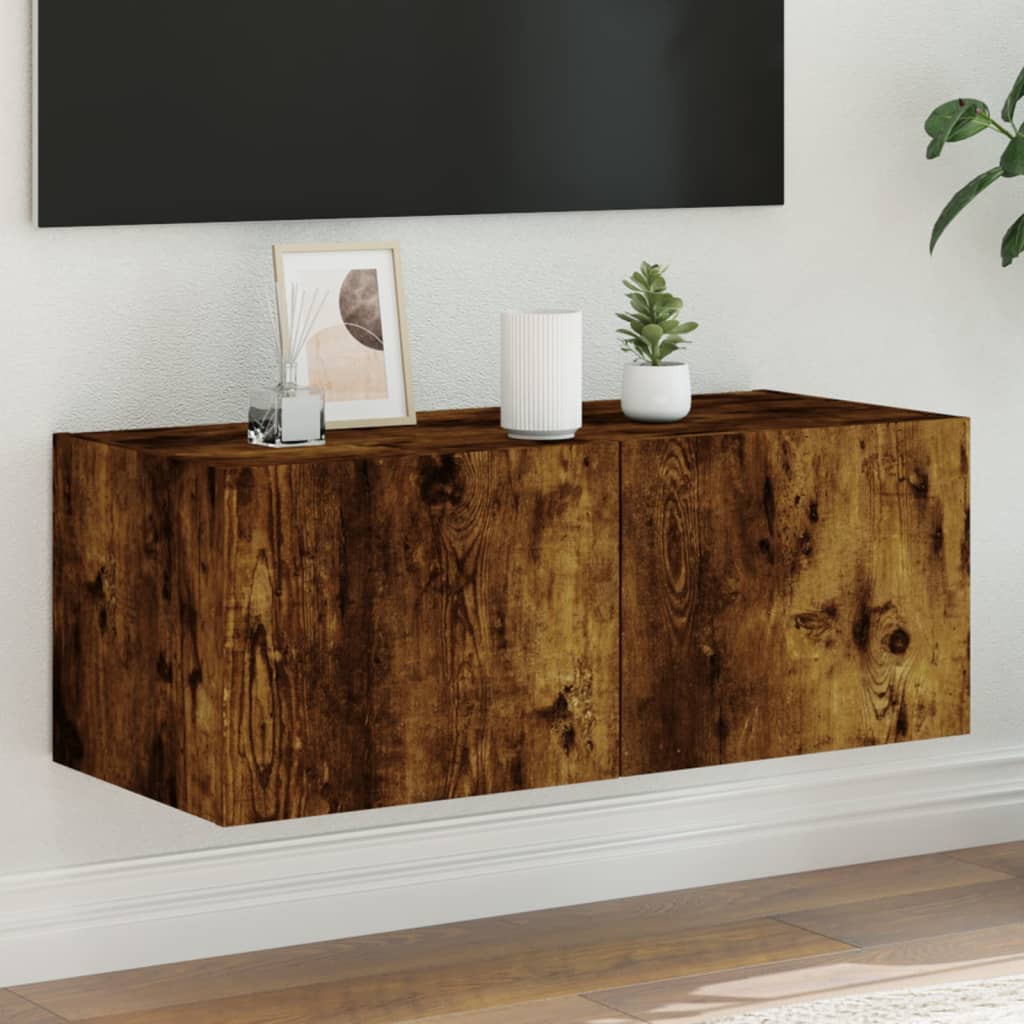 Vegghengt Tv-Benk Med Led Røkt Eik 80X35X31 Cm