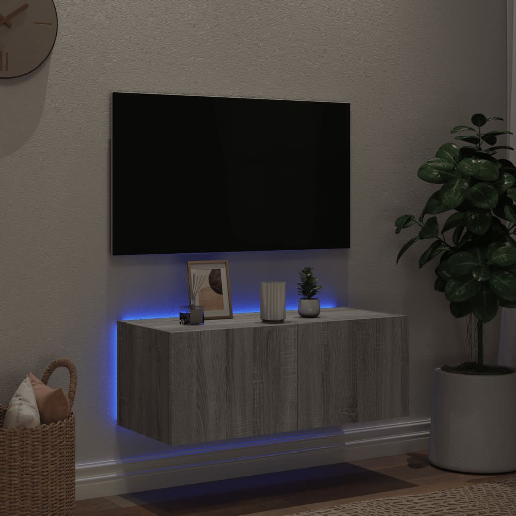 Vegghengt Tv-Benk Med Led Grå Sonoma 80X35X31 Cm
